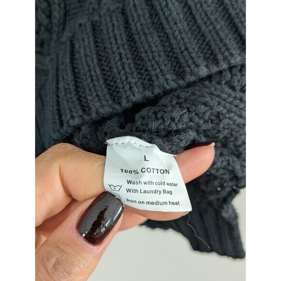 Vintage Black Sweater Womens L Cable Knit Fishermans Pullover Turtleneck Cotton - Picture 9 of 10